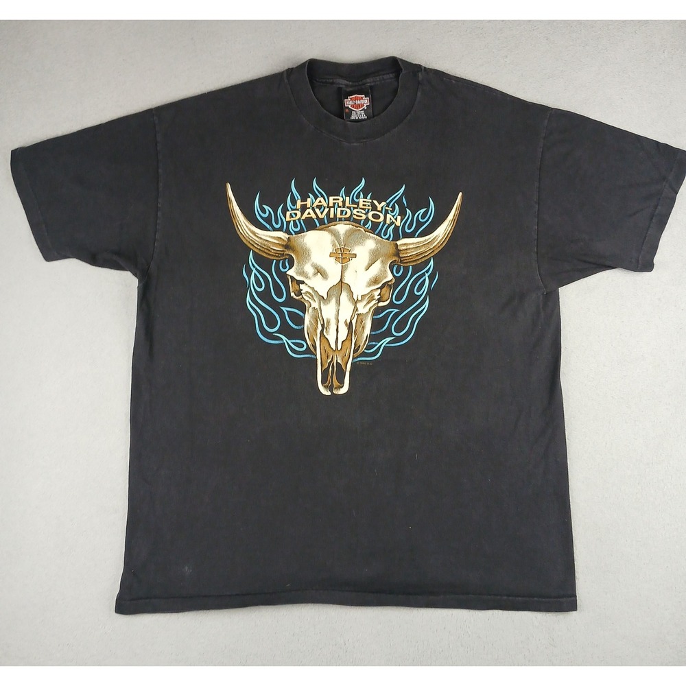 Harley Davidson Shirt Mens XL Steer Skull Blue Flame Cummings Flint MI Black 90s